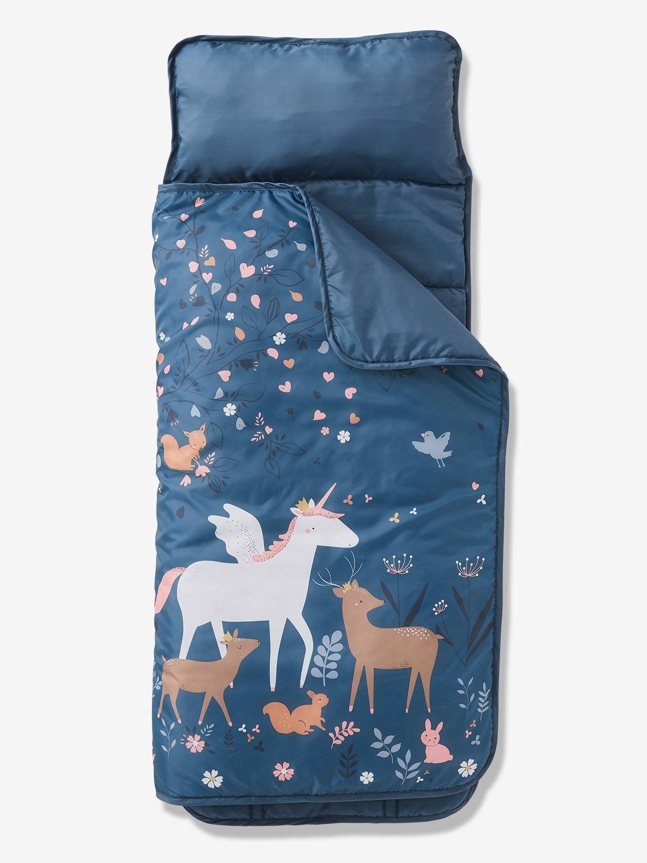 Cama de dormir aconchegante em poliéster com travesseiro embutido, estampa lisa azul-escura Floresta Encantada.