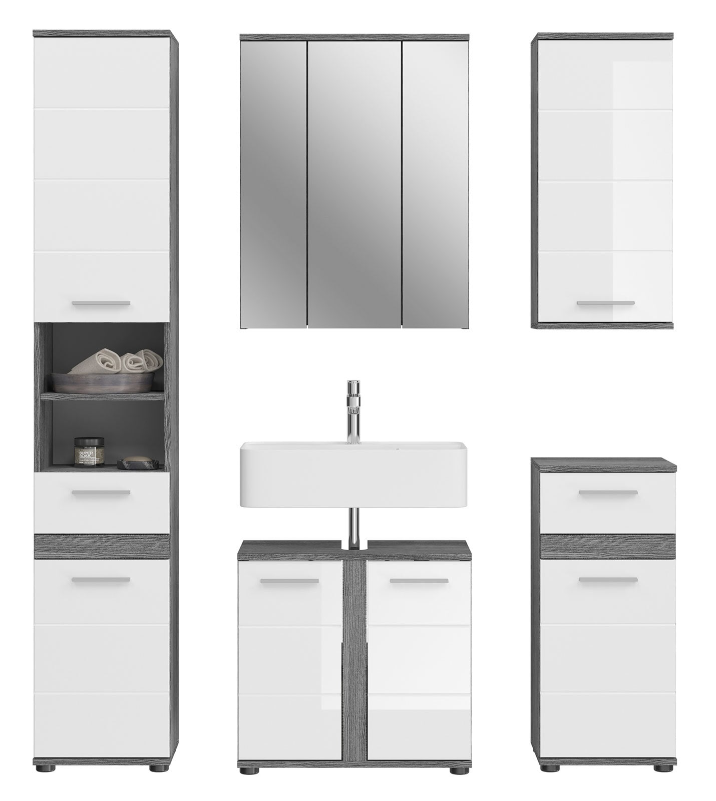 Badmöbelset Blake 5-teilig Rauchsilber / Hochglanz Weiß 164x191x34 cm