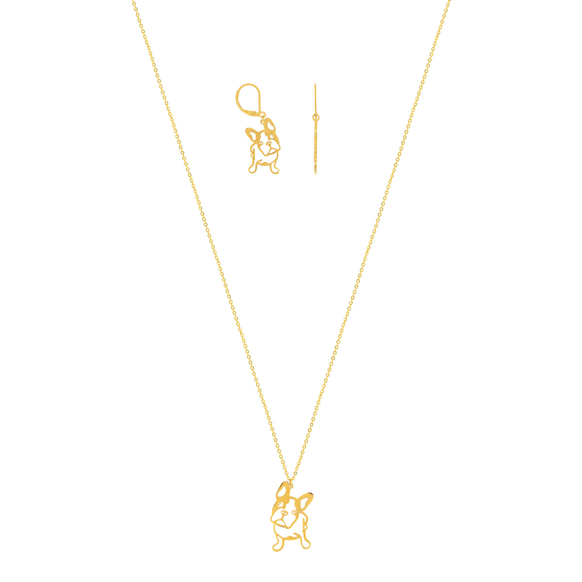 Parure collier et boucles d'oreilles acier doré chien Bouledogue français