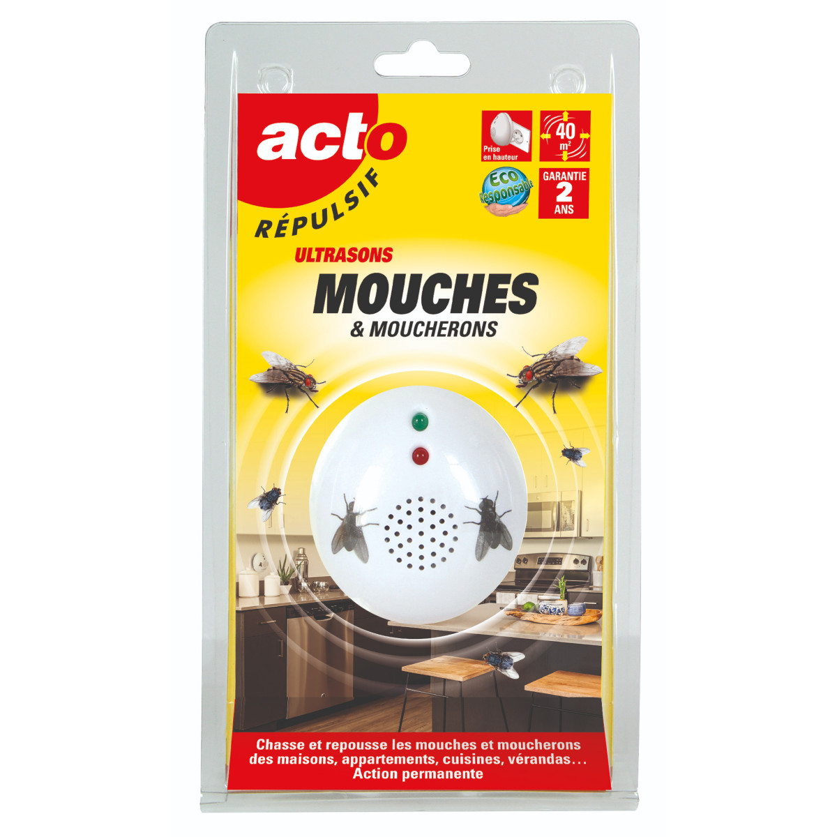 Répulsif ultrasons mouches - moucherons - fixe 40m²
