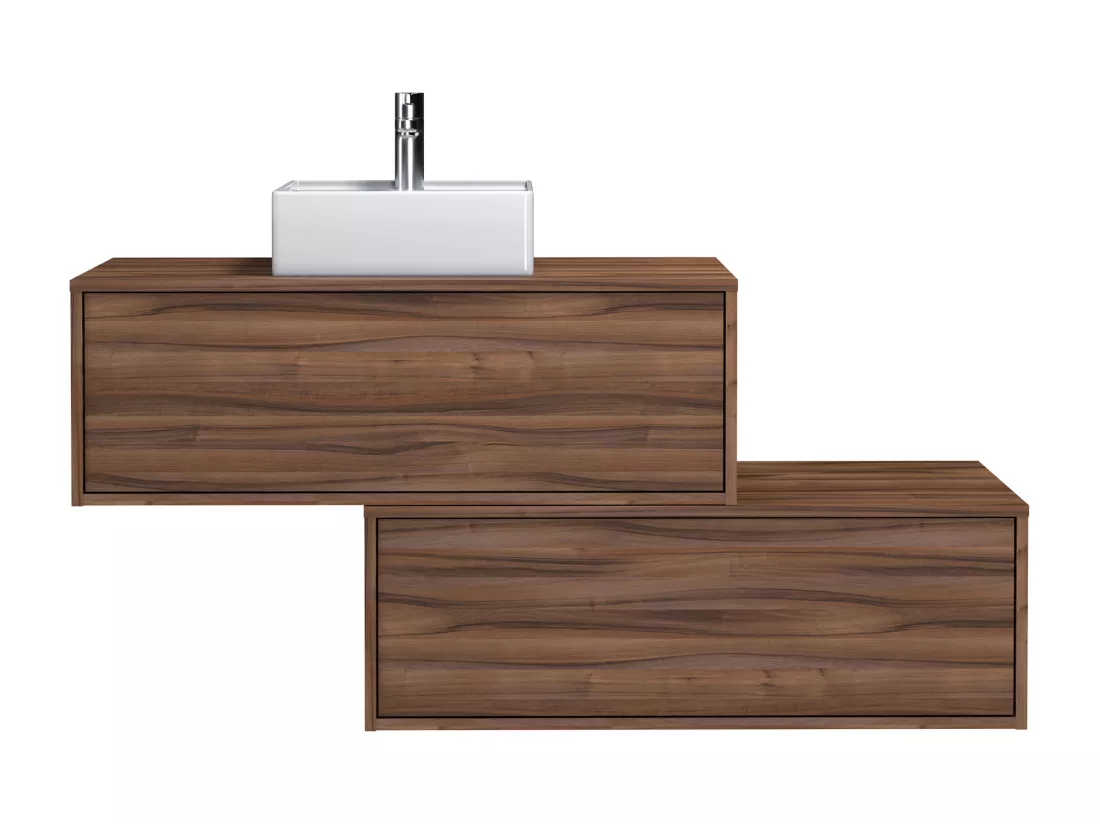 Meuble de salle de bain suspendu naturel foncé avec simple vasque carrée et deux tiroirs - 94 cm - TEANA II