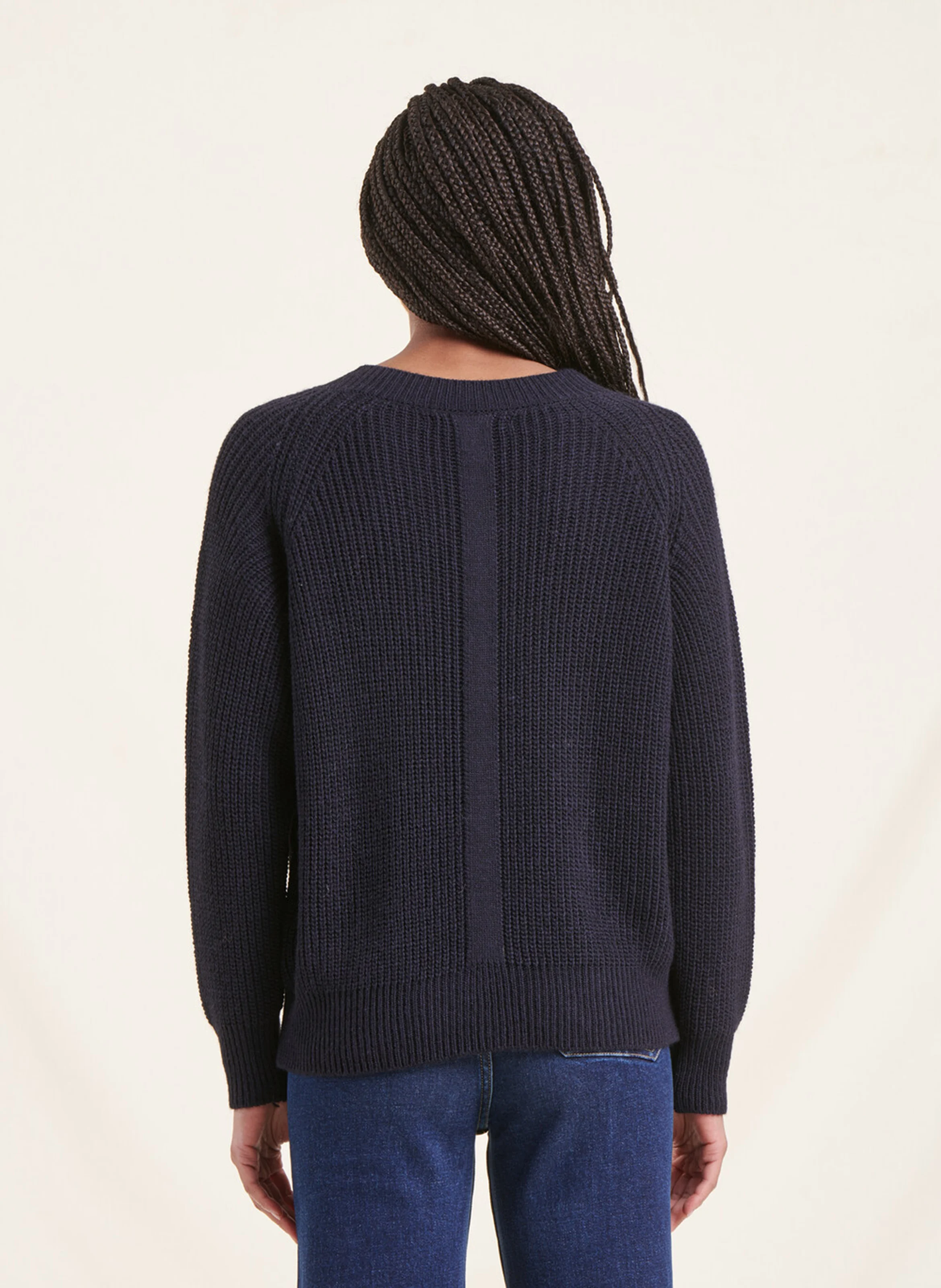 Pull droit col V en maille mélangée | Bleu