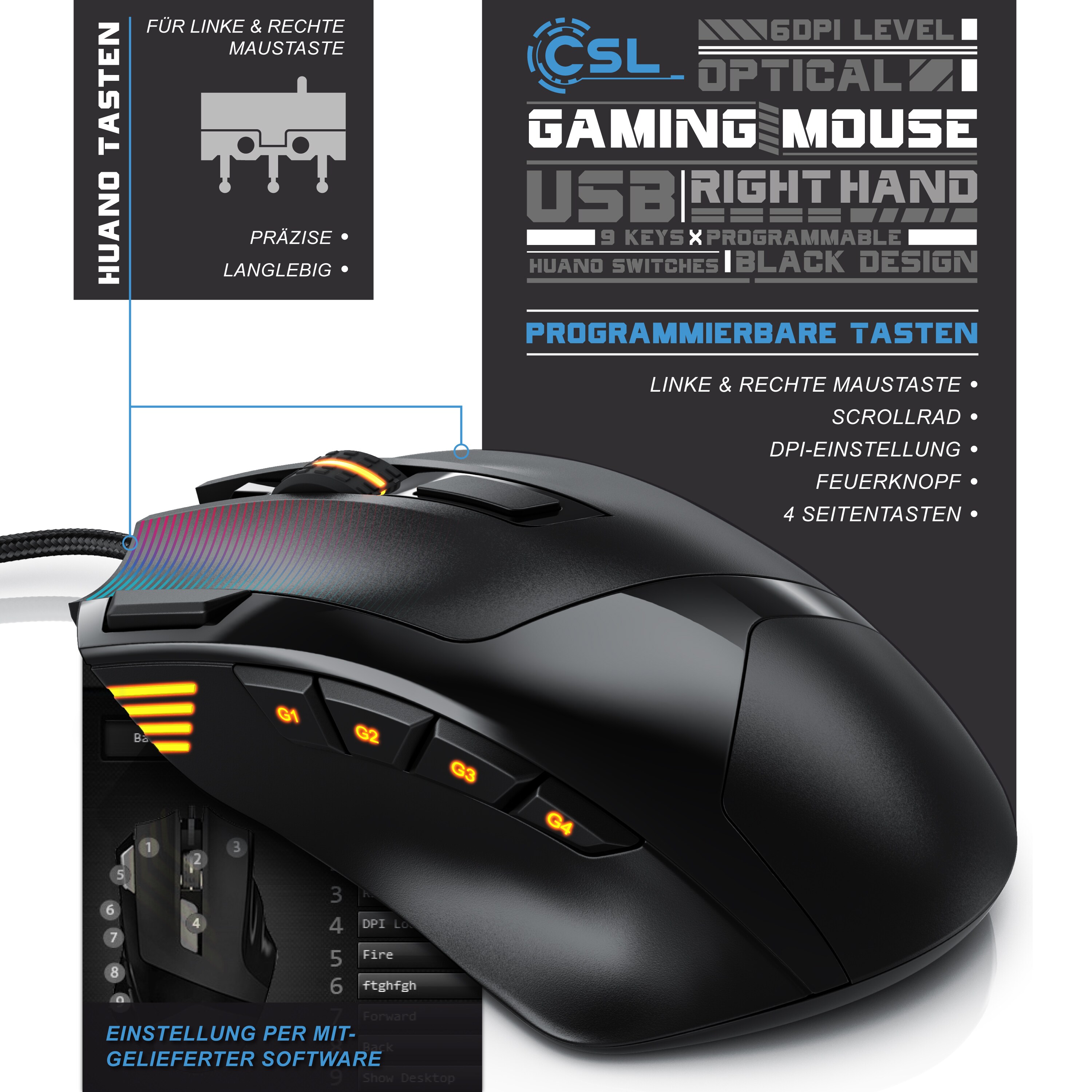 CSL Gaming-Maus kabelgebunden, 125 dpi, optische Gaming Maus, Farbwechsel, 9 Tasten, 600 bis 4800dpi