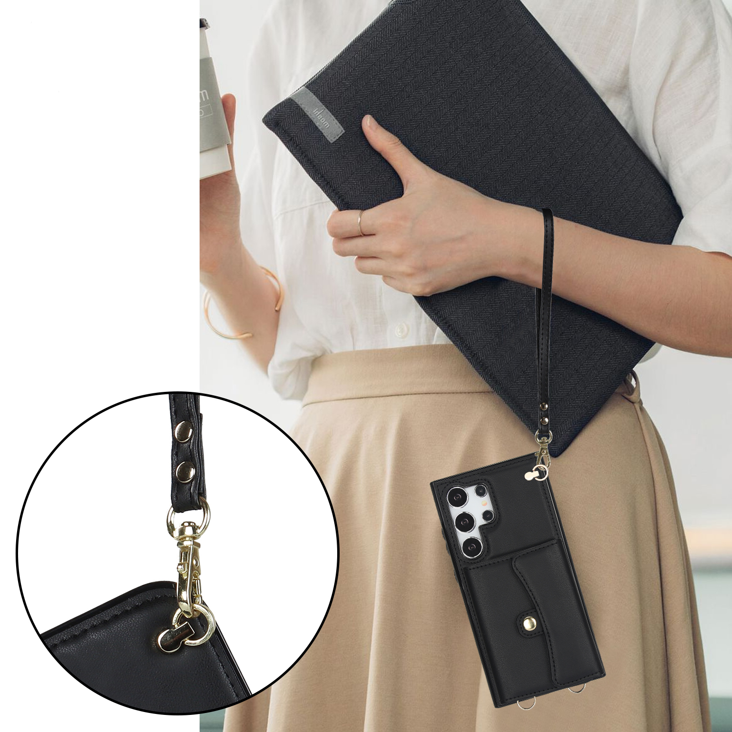 Samsung Galaxy S24 Ultra Necklace Leder Schutz Hülle mit Kartenfach   Handykette (140cm) - Schwarz