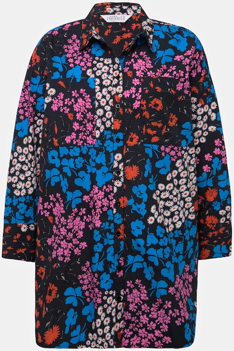 Hemdbluse, oversized, Flower-Muster, Knopfleiste, Hemdkragen