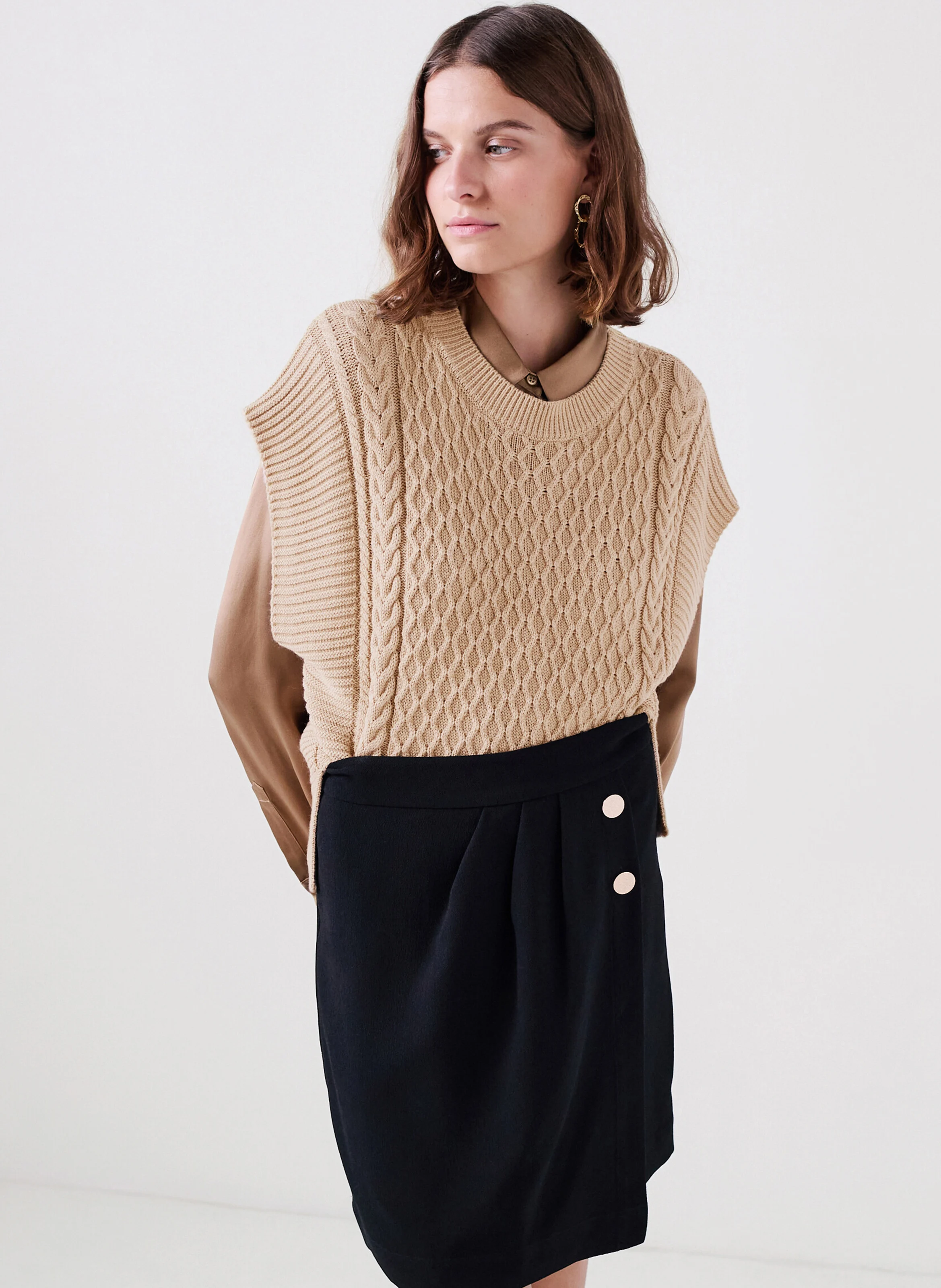 MRUDY - Pull sans manches en maille| Beige