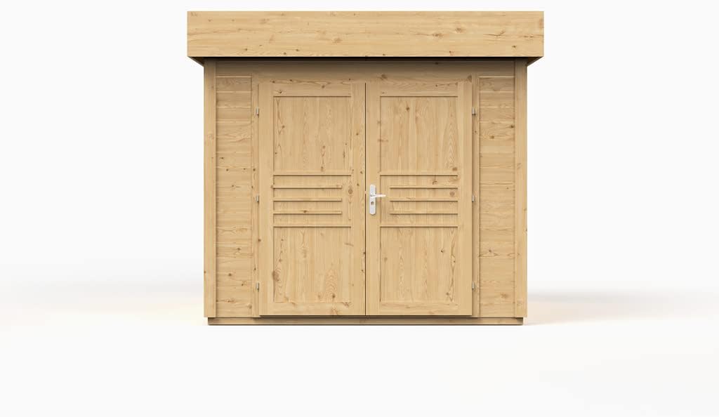 Holz Gerätehaus Livo 2 | Gartenhaus | Wandstärke 28 mm | Naturbelassen | BxTxH: 283,5 x 277,6 x 246,5 cm | Sockelmaß: 254 x 248 cm | Inkl. Doppelflügeltür