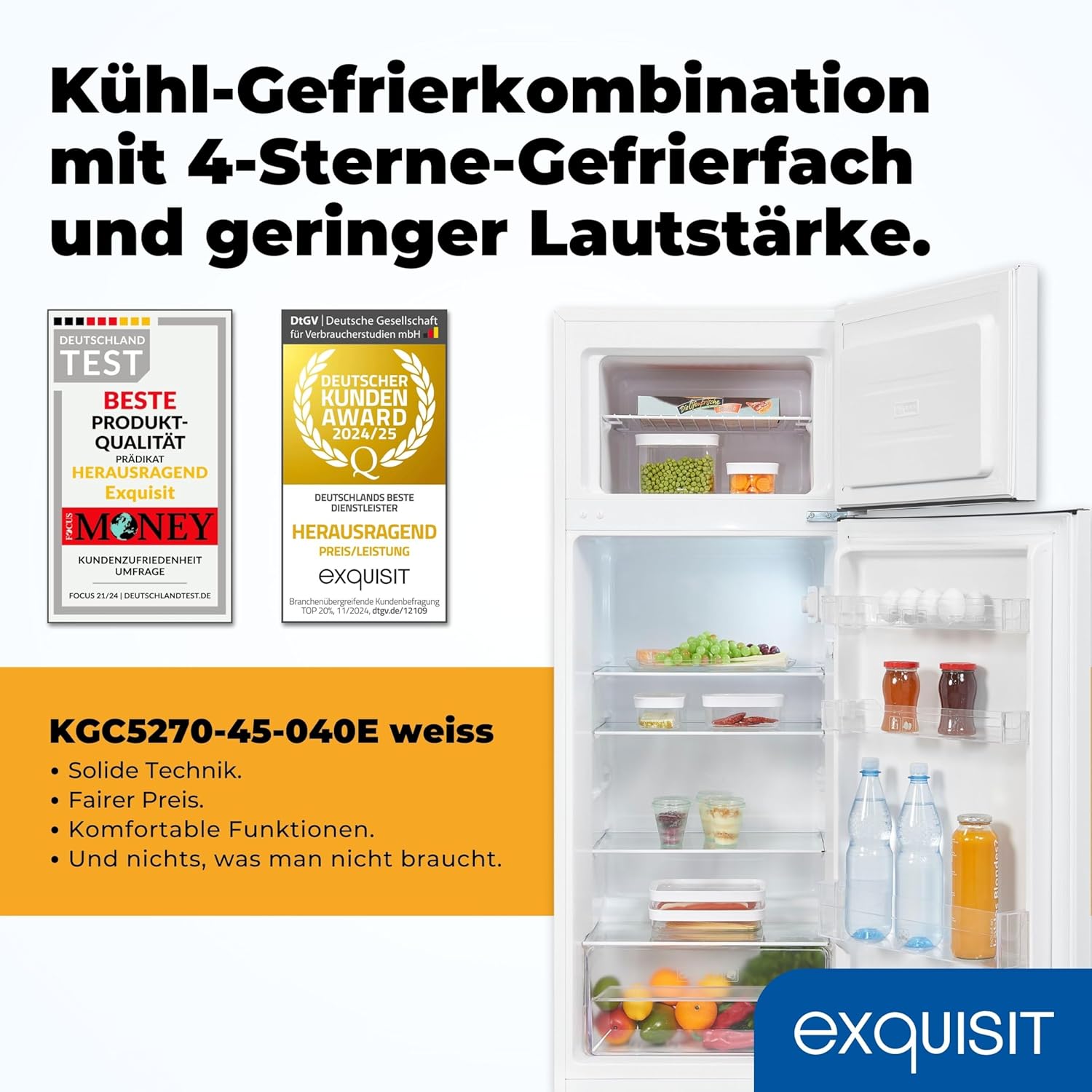 Exquisit Kühl-Gefrierkombination, Kühlschrank mit Gefrierfach, 206 Liter, 4-Sterne-Gefrierfach, 55 cm Breit, Freistehend, KGC5270-45-040E weiss