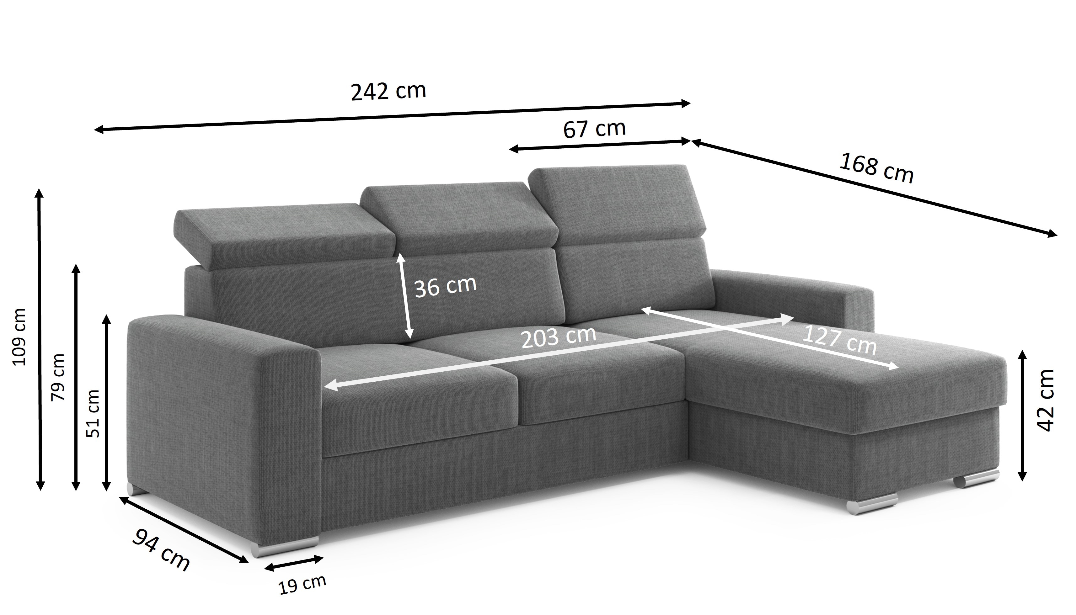 M-Punkt Ecksofa TOKIO mit Bett und Bettkasten Sofa/Schlafsofa - Anthrazit/Grau