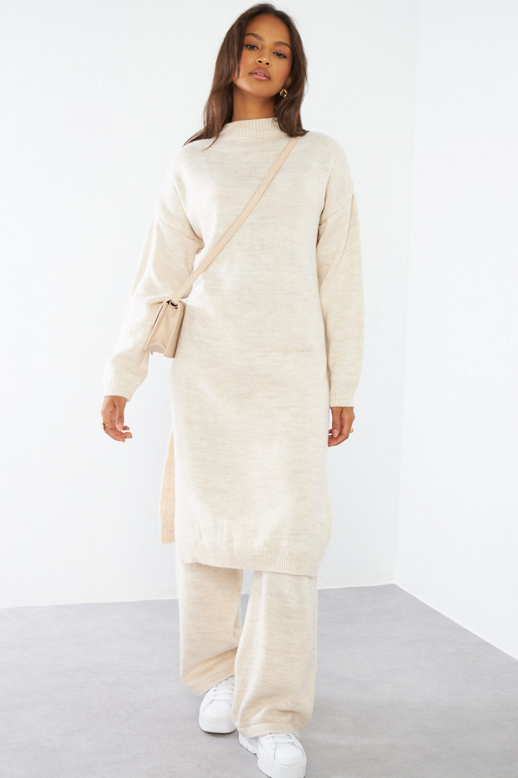 Ensemble 2 pièces pull long + pantalon en laine beige