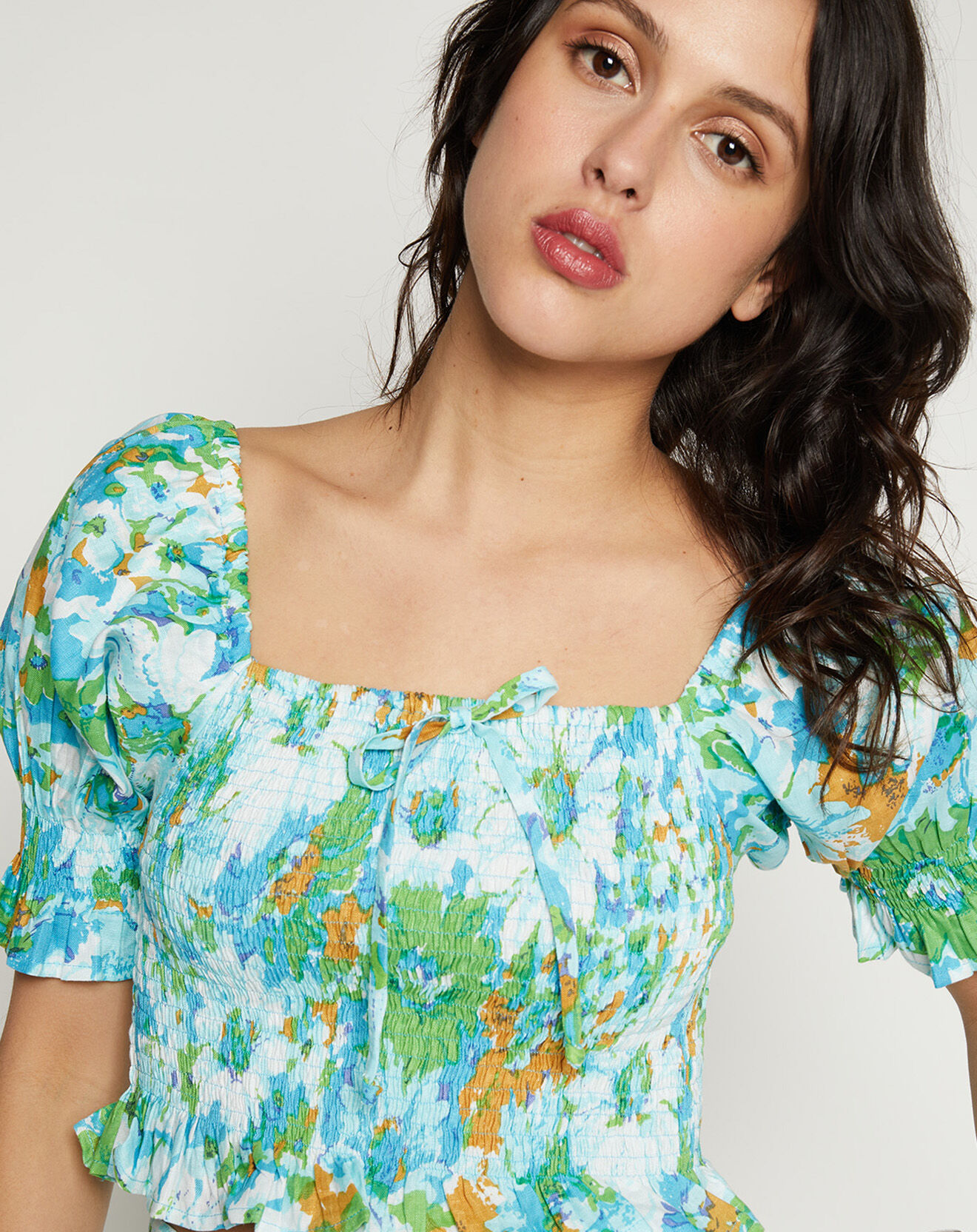 Faithfull the Brand Top 100% Lin Lenora imprimé fleurs bleu/vert