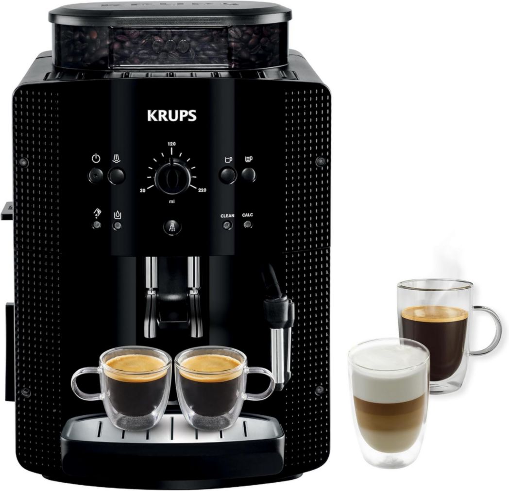 Krups Machine à café à grains, 1,7 L, 2 tasses simultanément, Nettoyage automatique, Buse vapeur pour cappuccino, Cafetière expresso, Essential black YY8125FD, Noir