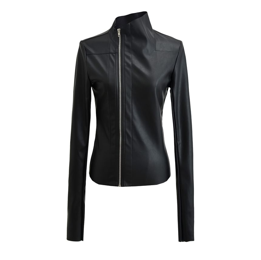 Asiris - Opstaande kraag, effen cropped imitatieleren jack met rits