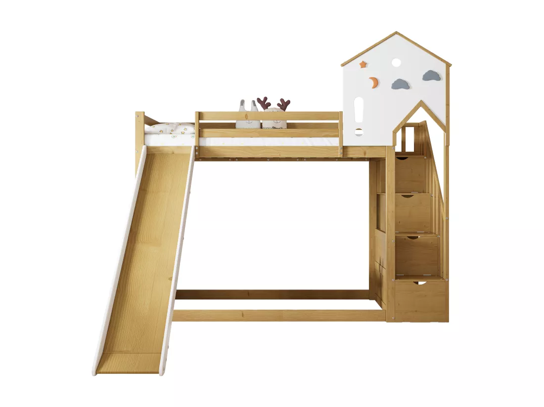 Lit superposé 90x200cm - avec escalier de rangement et toboggan - en bois de pin et MDF - Naturel