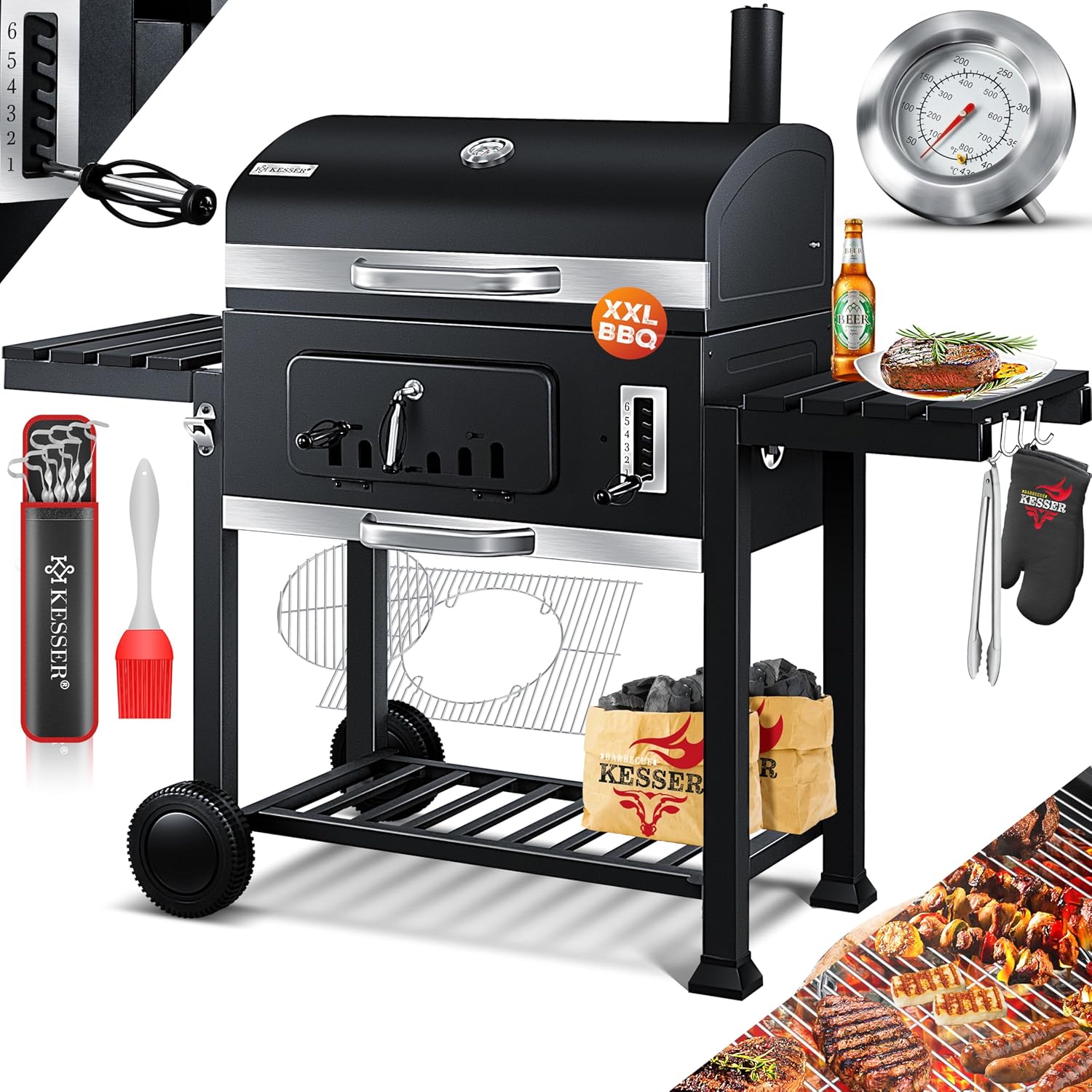KESSER® Chariot à Barbecue | Grill XL à Charbon de Bois avec Couvercle, Roues, poignée en Acier Inoxydable, Grille et thermomètre | Grand Barbecue au Charbon de Bois
