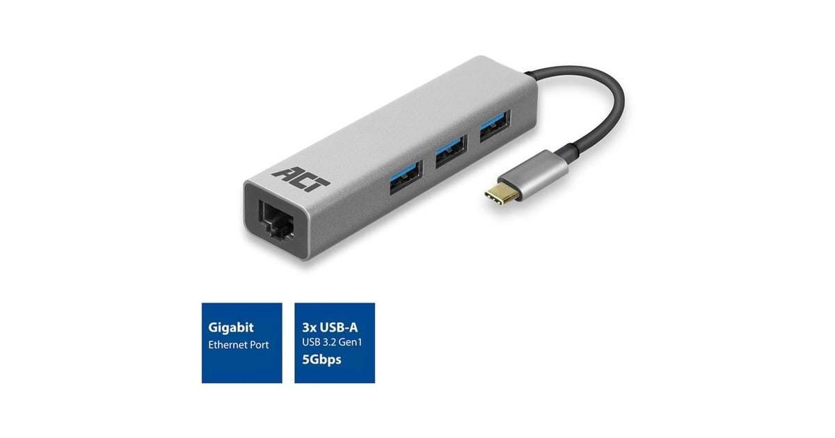 ACT Connectivity3-Poorts USB-C 3.2 (USB 3.0) Hub met Gigabit ethernet poort usb-hub  (Grijs)