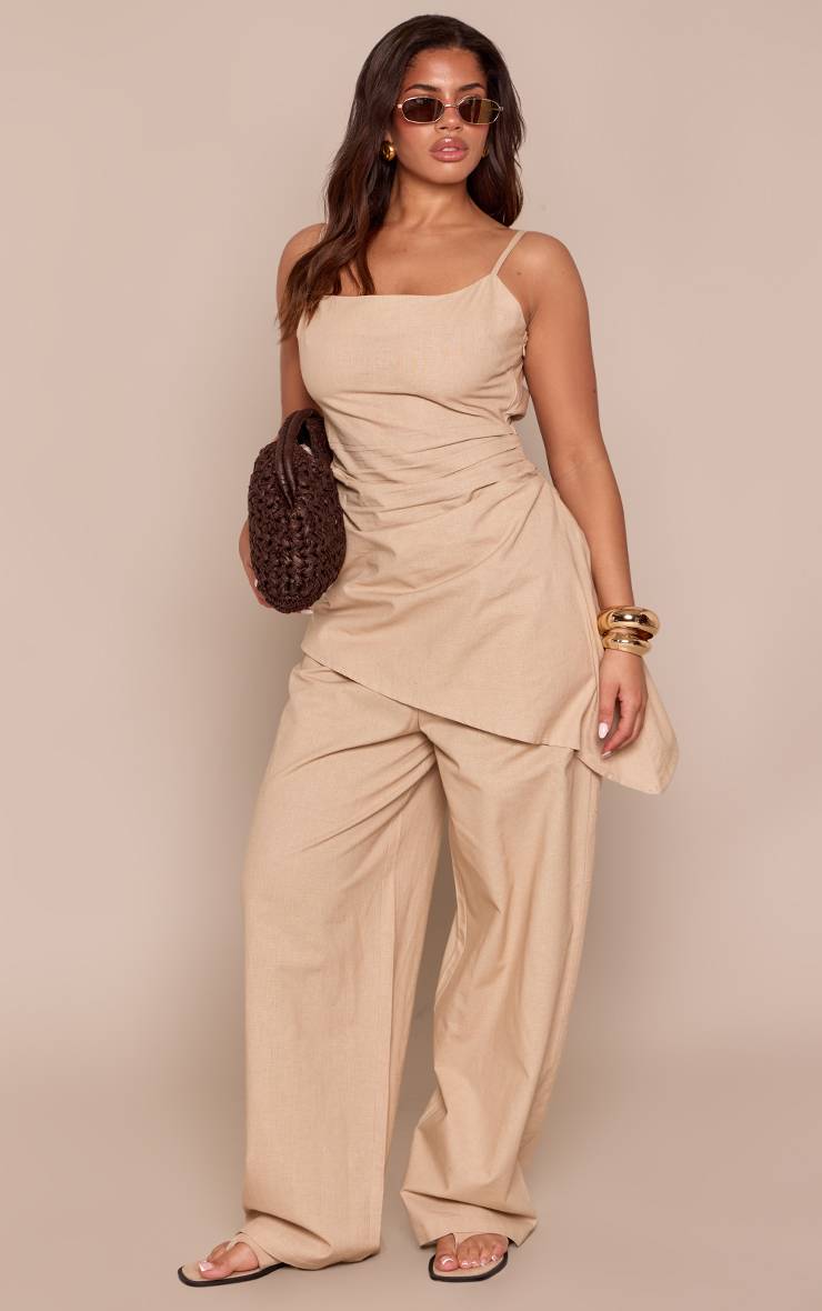 Gris Pierre Pantalon Large Aspect Lin Taille Élastique Coupe Ajustée Ensemble Coordonné