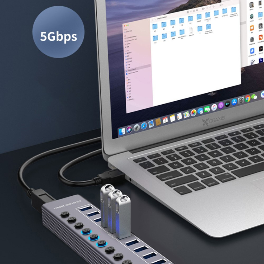 (17cm) 10-fach USB 3.0 Hub Aluminium Adapter mit USB Port Steuerung Tastenschalter 5GB/s   Netzteil (12V/3A) - Grau