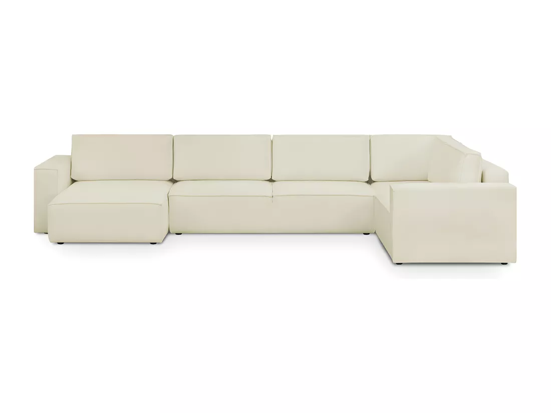 Canapé d'angle à droite panoramique convertible modulable 8 places en tissu bouclé écru - Harper Mod