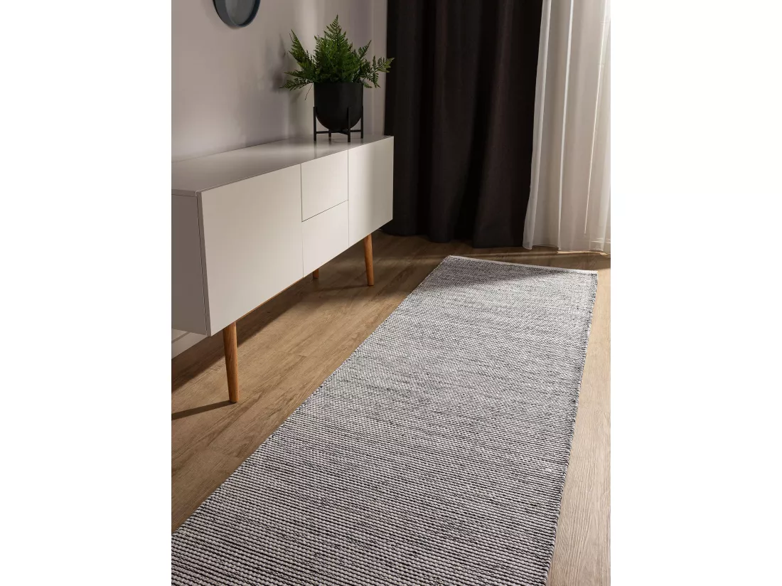 Tapis de couloir en coton tissé main Ron Blanc/Noir 80x250 cm