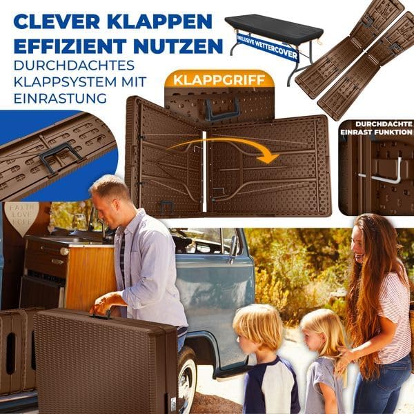KESSER® Bierzeltgarnitur 3-teilig Set Tisch & 2x Bank | Buffettisch für drinnen & draußen Gartengarnitur klappbar 183x76x74cm Kunststoff Klapptisch Rattan-Look Gartentisch Inkl Abdeckung & Tragegriffe