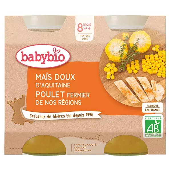 Lancheira Babybio Orgânica de Milho Doce e Frango +8 meses 2 x 200g