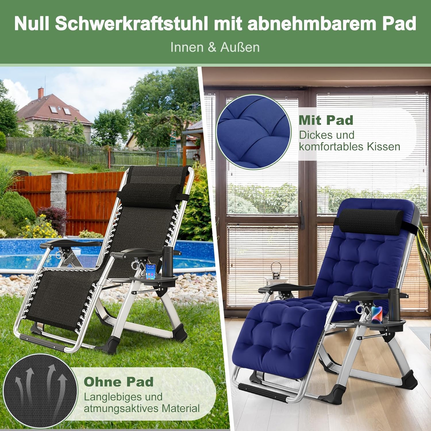 200KG Belastbar Klappbar Liegestuhl mit Auflage, Sitzen und Liegen Doppelzweck Verstellbare für Wohnzimmer, Balkon, Strand oder Pool (Blaue Pleuche)