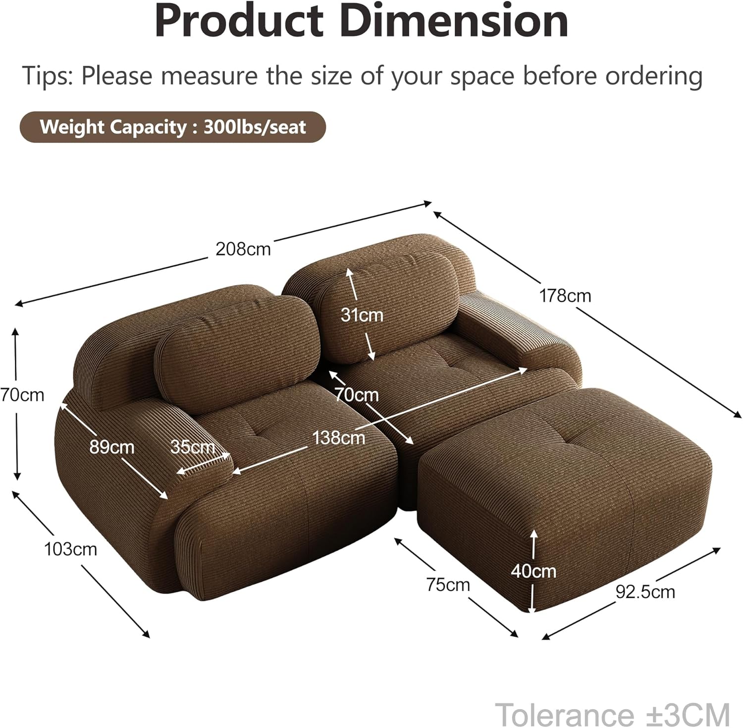 Bladez Modernes Cord Sofa Modulares L-förmiges Ecksofa Schlafsofa mit Ottoman Hocker, Ohne Montage, Cloud Polstersofa Couchs für Wohnzimmer (Braun, 2-Sitzer+1)