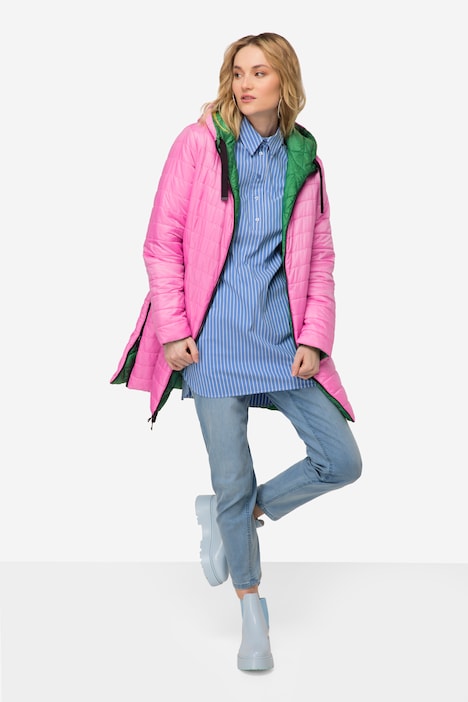 Wende-Steppjacke, extra lang, wasserabweisend, Kapuze, Langarm