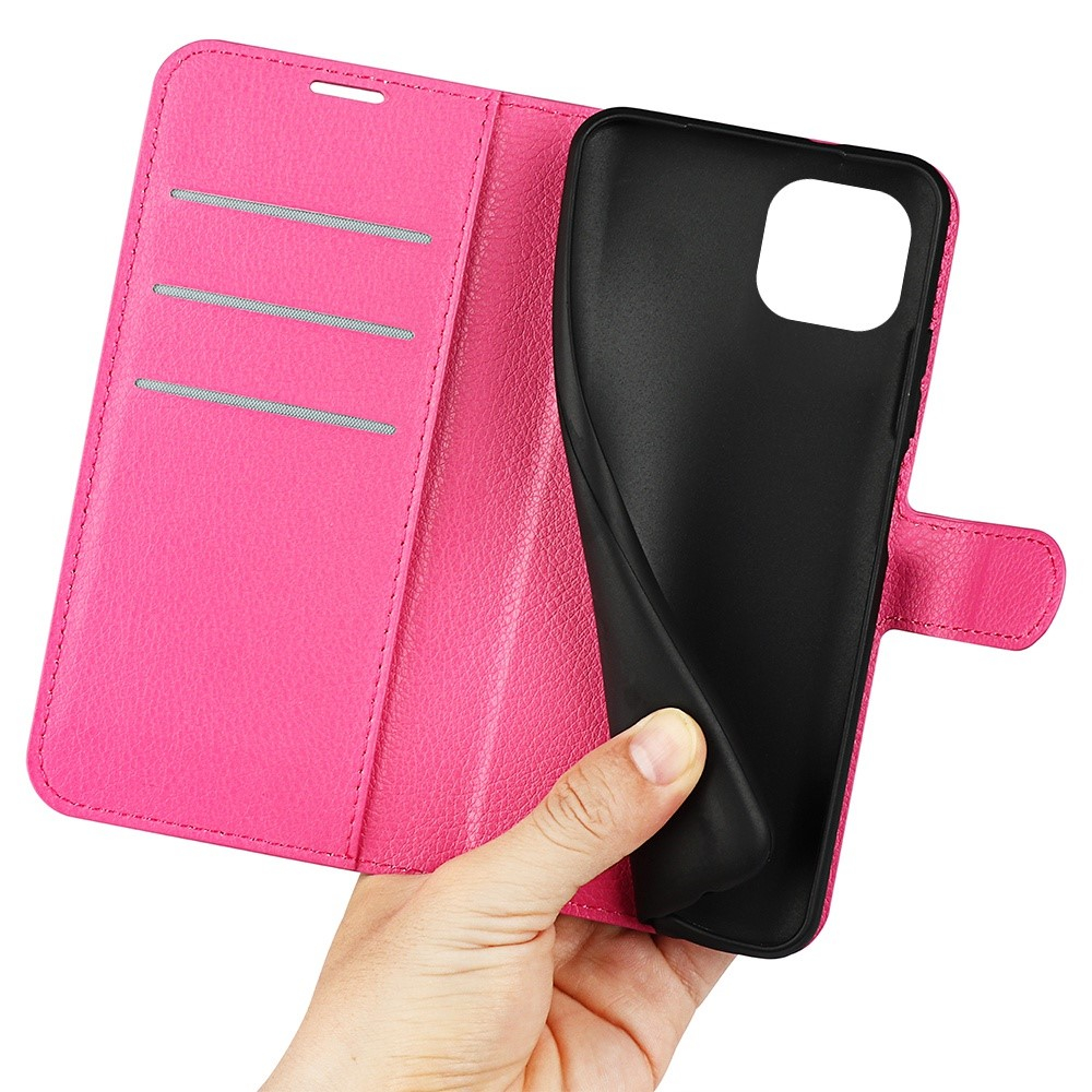 iPhone 14 Leder Tasche Flip Cover Litchi Look - Pink