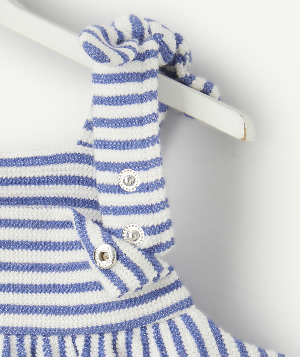 top bébé fille en fibres recycées écru et tricot côtelé à rayures bleues