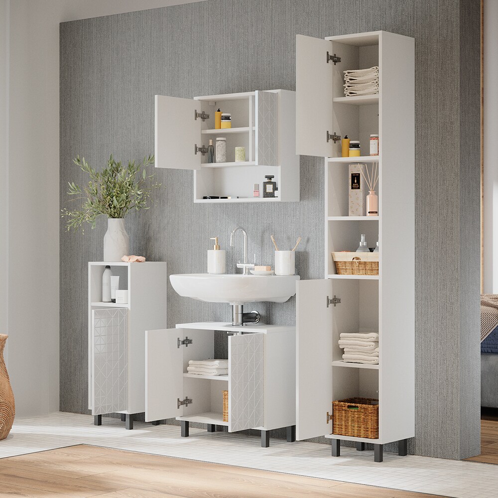 Vicco Hochschrank für Badezimmer Agasta 30cm schlank weiß, Badschrank in 3D Optik