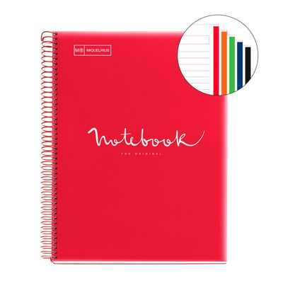 Notebook Emotions, couverture souple, A4 lignes horizontales 7 mm, 120 feuilles de 5 couleurs, Miquelrius, Rouge.