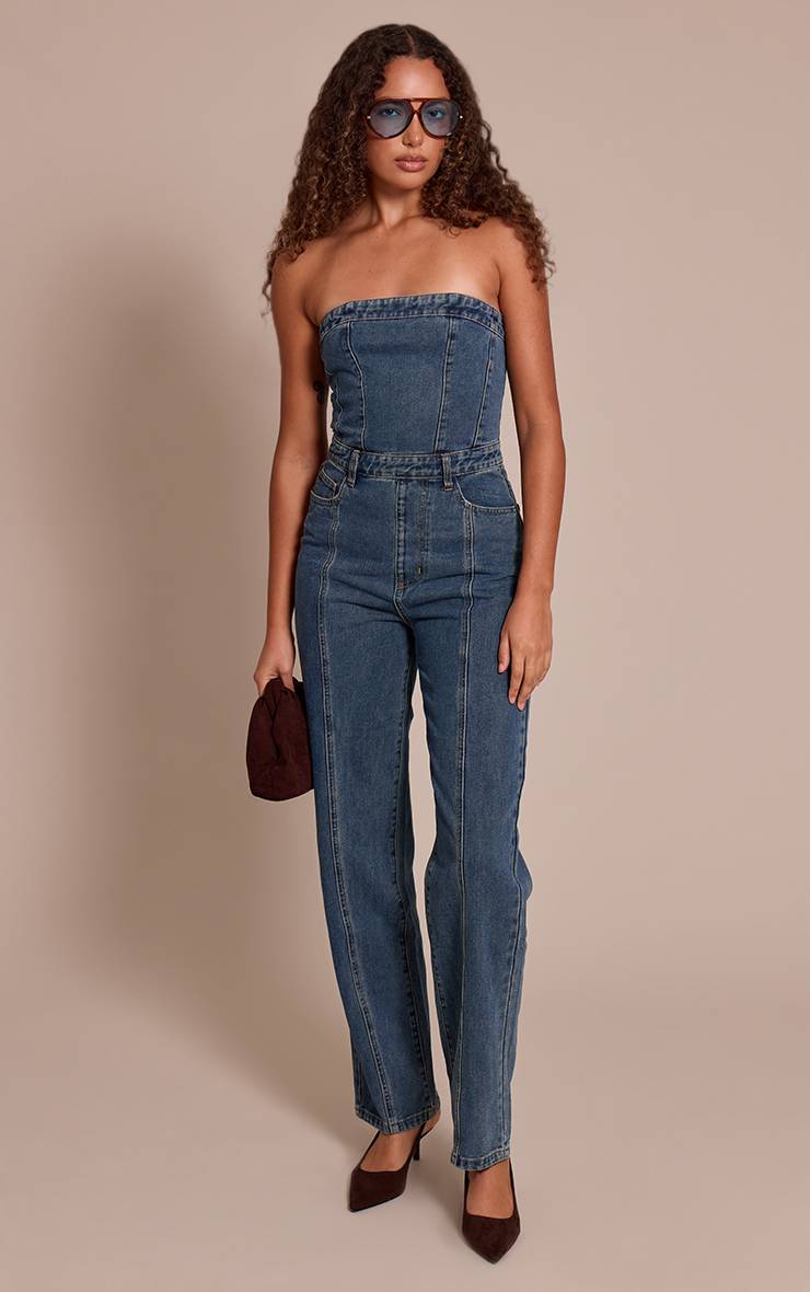 Indigo Vintage Wash Combinaison-pantalon En Denim Jambe Droite Style Bandeau Tall