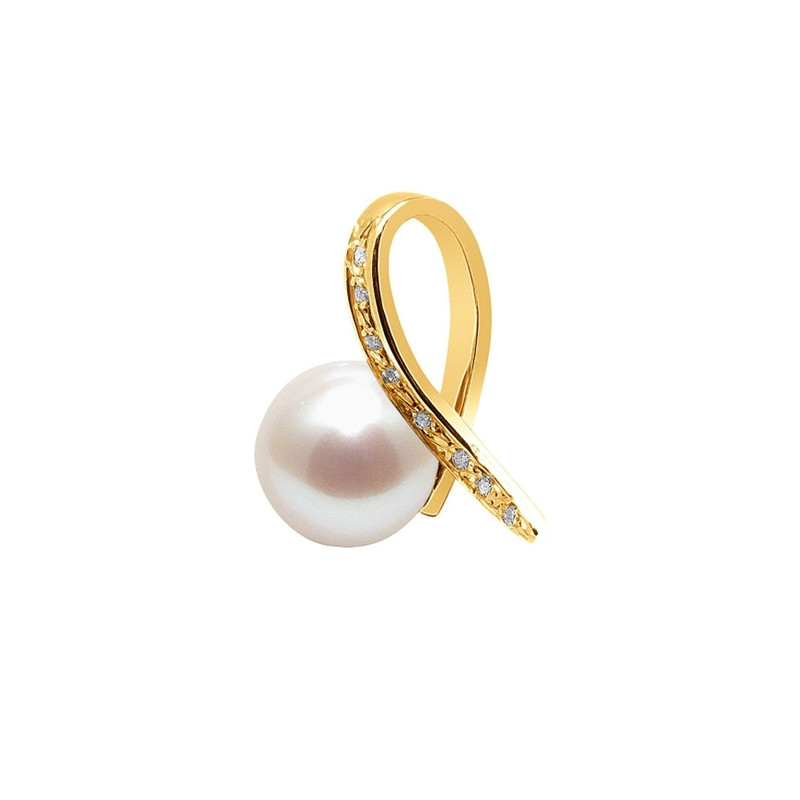 Pendentif Femme Perle de Culture d'eau douce Blanche, Diamants 0.08 cts et Or Jaune 750/1000