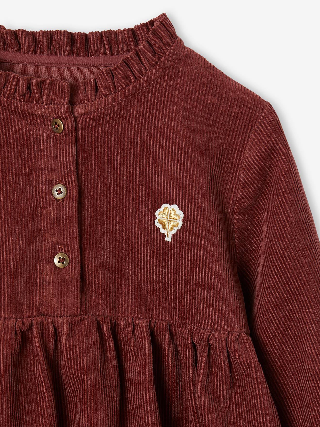 Vestido de veludo cotelê com babado, liso, marrom médio, para menina.