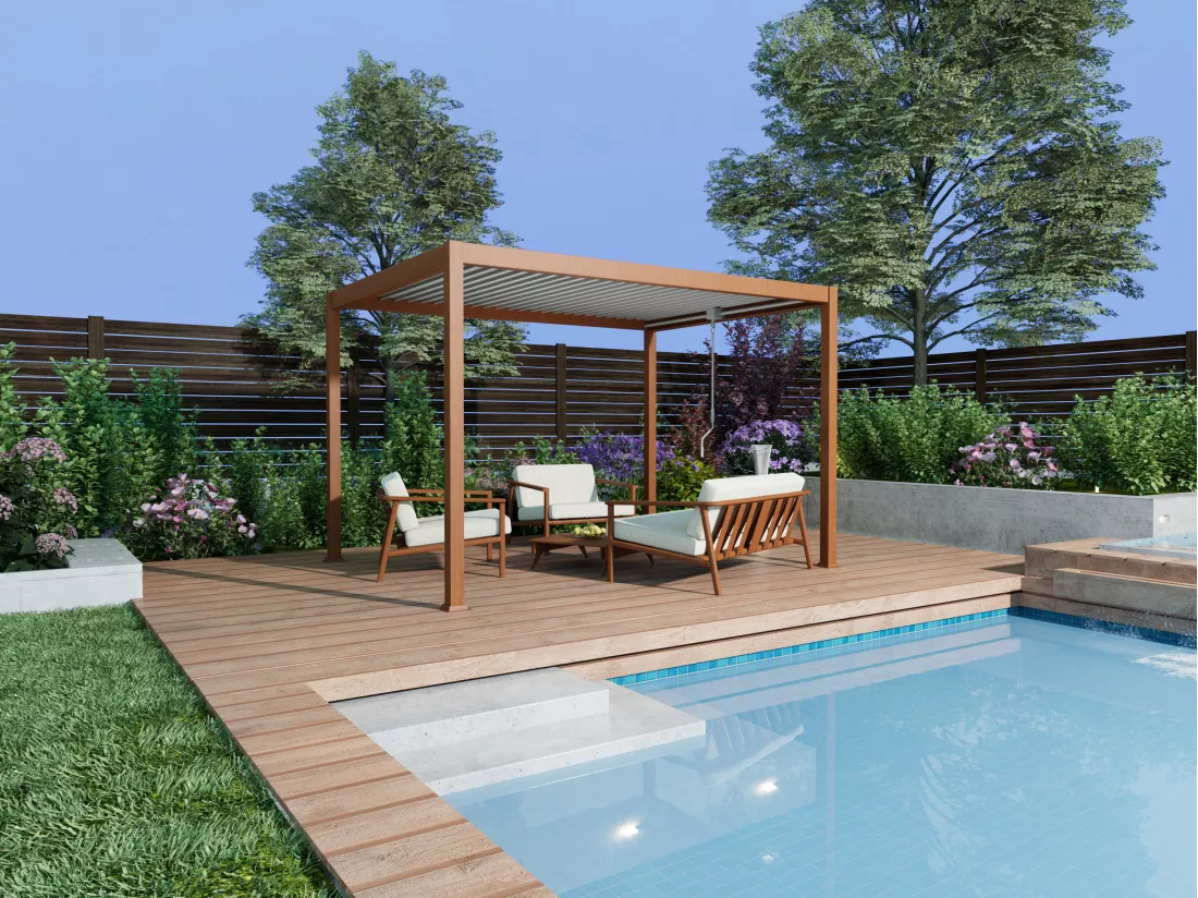 Pergola bioclimatique autoportante en aluminium avec lames orientables - 12 m² - coloris naturel foncé - AMALFI