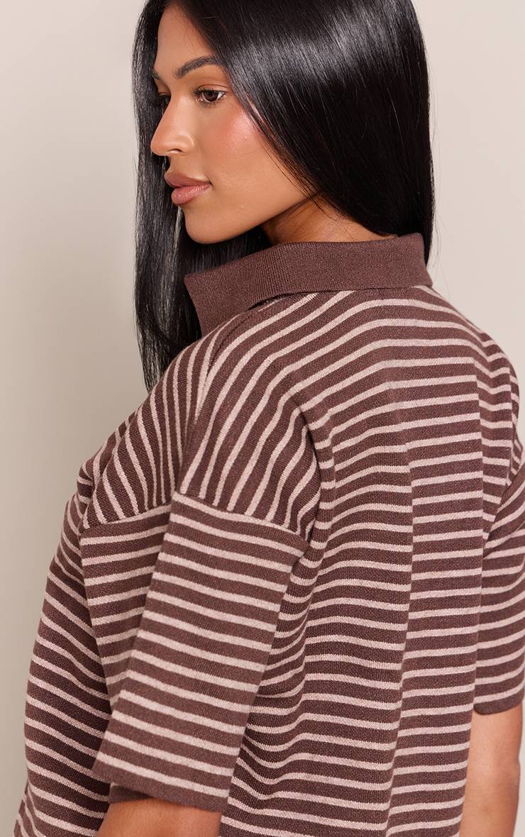 Marron Haut Grand Col Polo Tricoté Oversize À Rayures