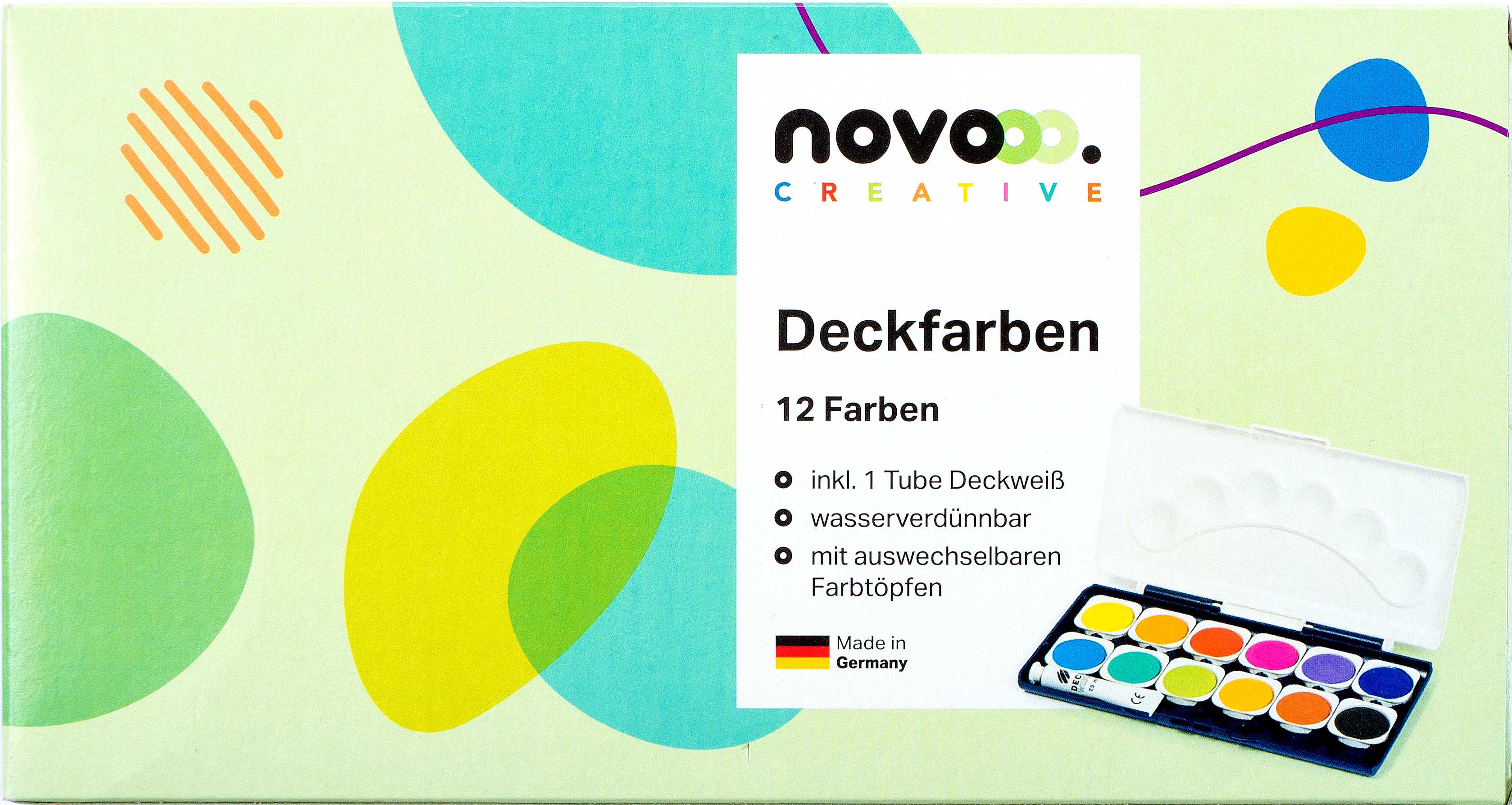 novooo Schuldeckfarbkasten 12 Deckfarben + 1 Tube Weiß