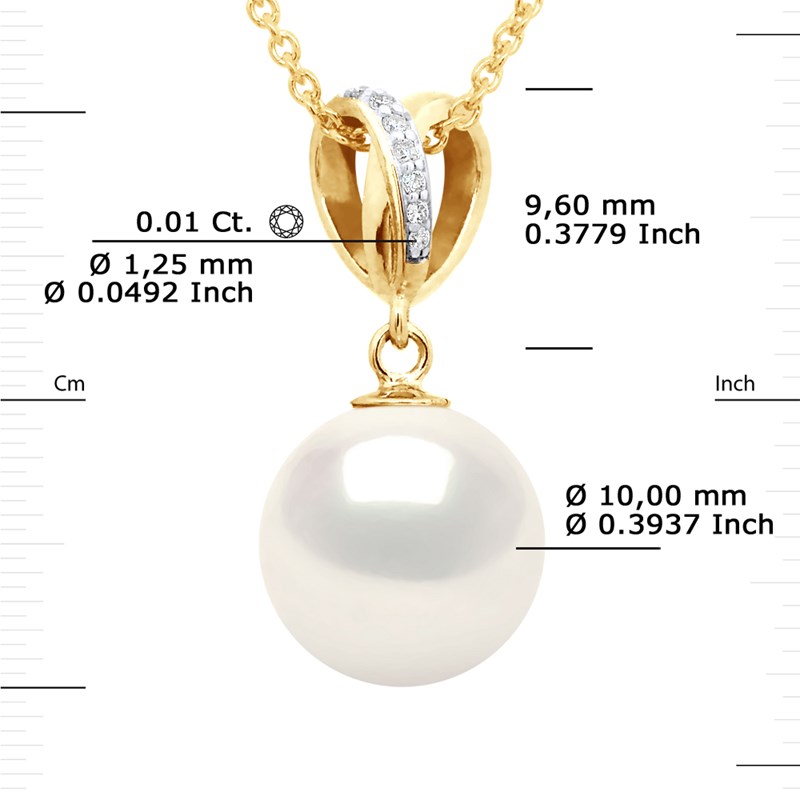 Pendentif DOUBLE NOEUD - Diamants 0,07 Cts - Véritable Perle de Culture d'Eau Douce Ronde 10-11 mm - Or Jaune