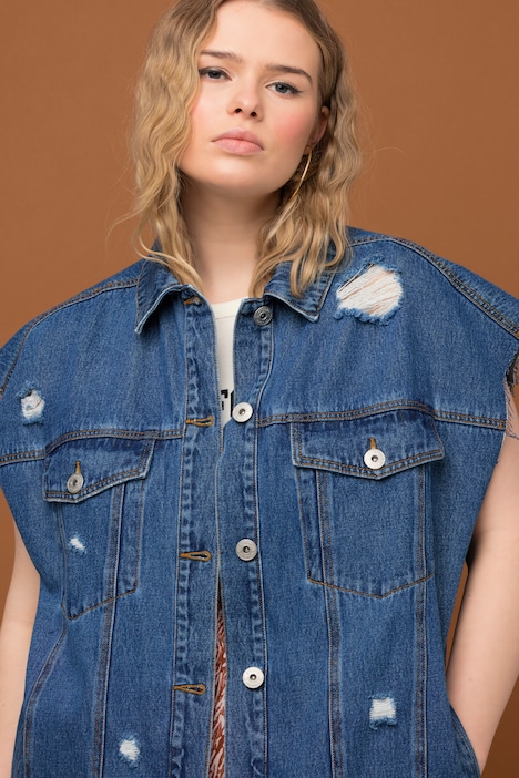 Jeansweste, oversized, Destroy-Effekte, Hemdkragen