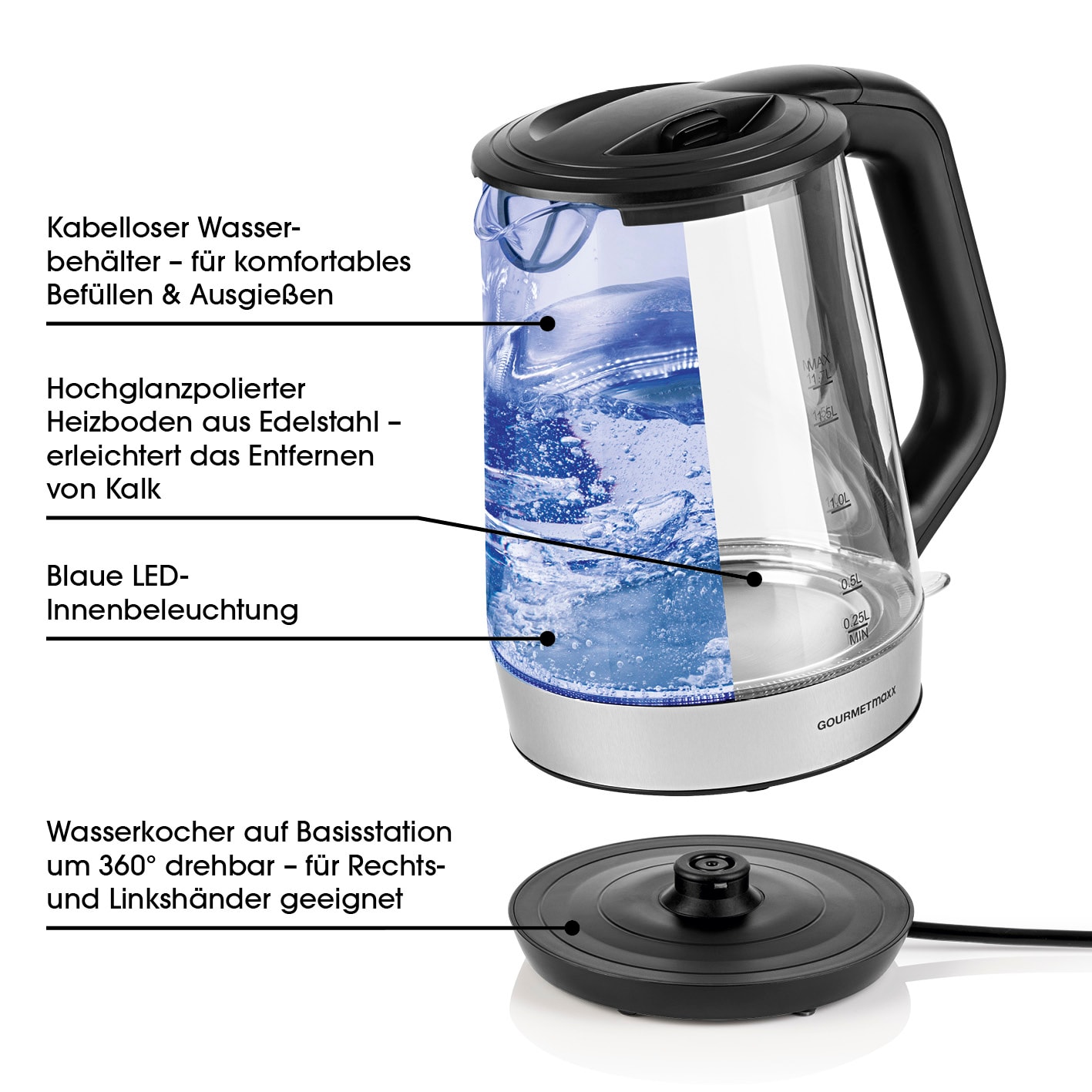 GOURMETmaxx Glas-Wasserkocher Tasse für Tasse 1,7l