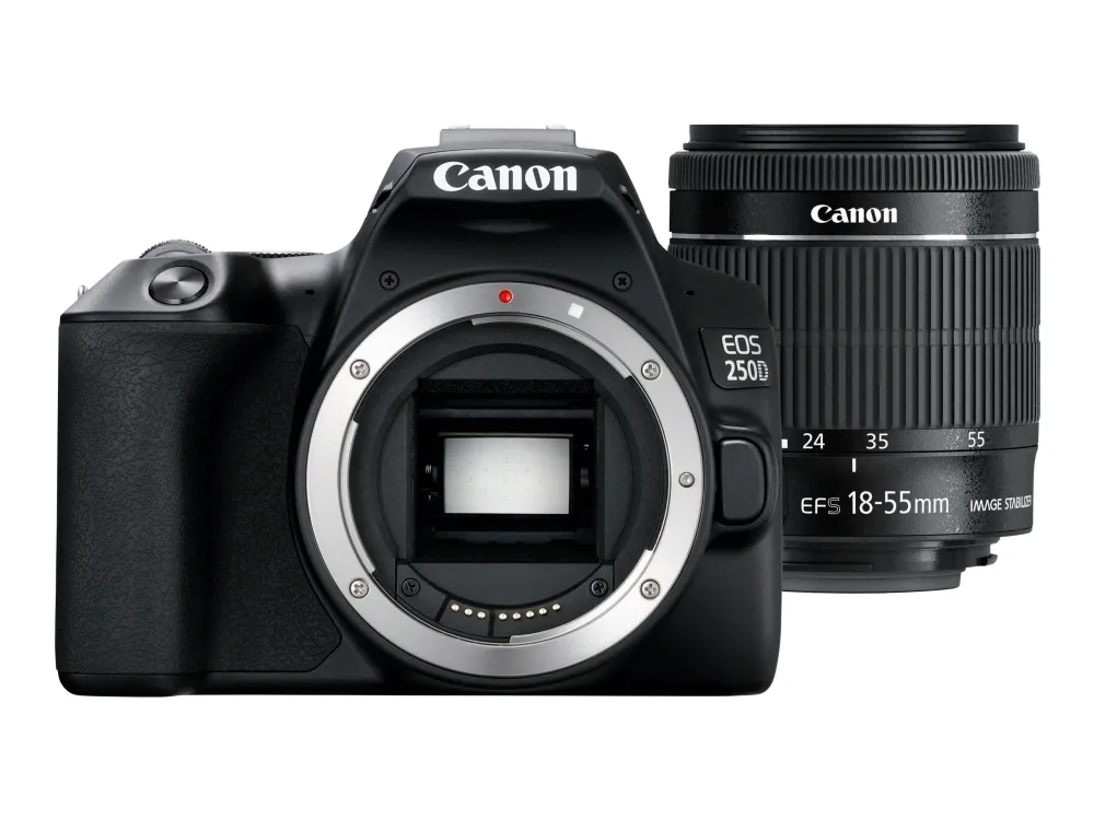 Canon EOS 250D - Digitalkamera - SLR - 24.1 MP - APS-C - 4K / 25 fps - 3x optisk zoom EF-S 18-55 mm IS STM objektiv - Wi-Fi, Bluetooth - sort