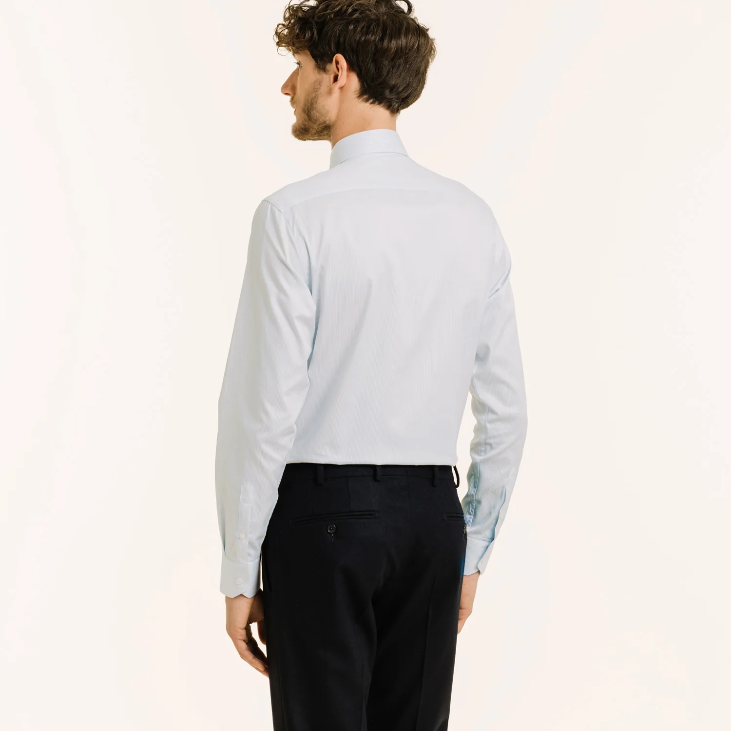 Double-twisted twill shirt with fine blue stripes