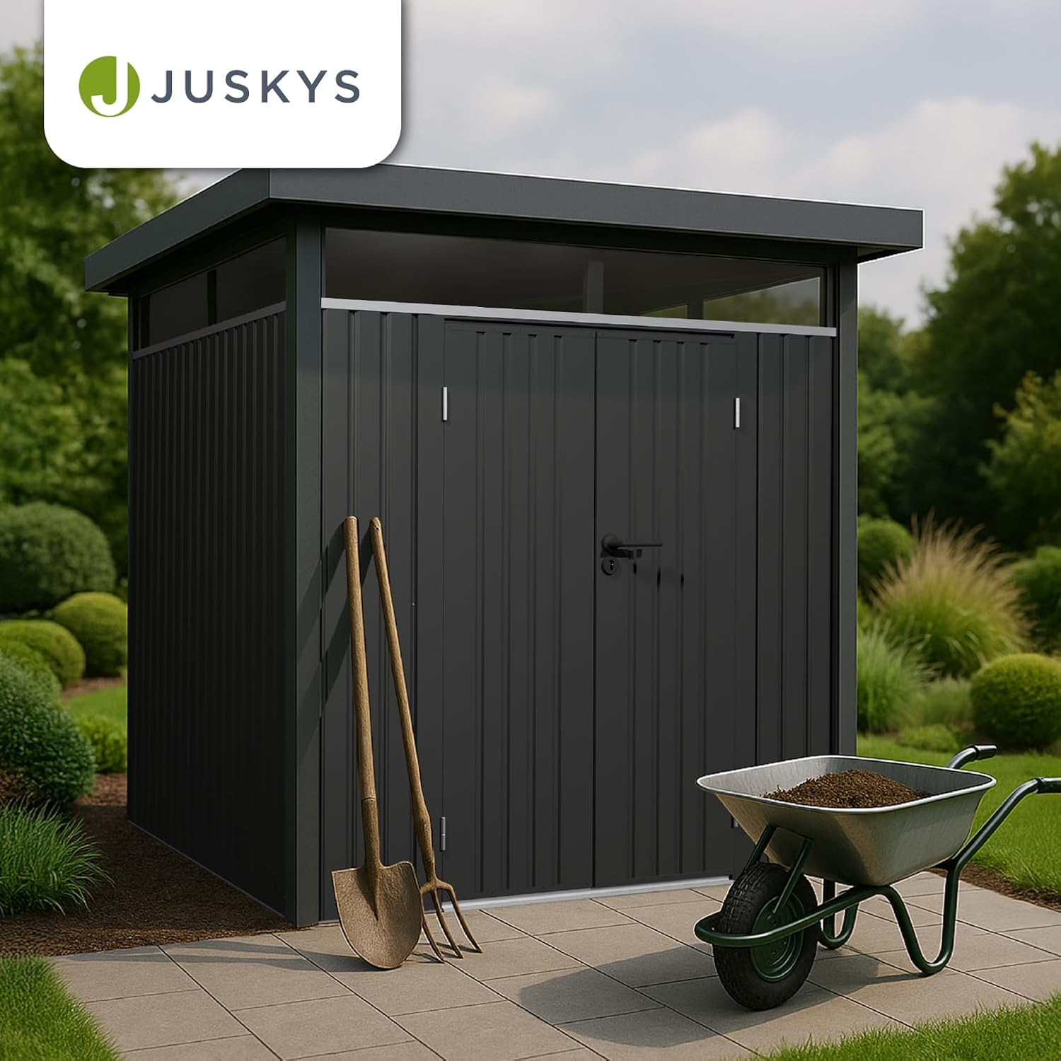 Juskys Gerätehaus Luzern M - 5,2 m² - Metall Geräteschuppen mit Türen & Fenstern - wetterfest & abschließbar - Fahrradgarage, Gartenhaus - Anthrazit