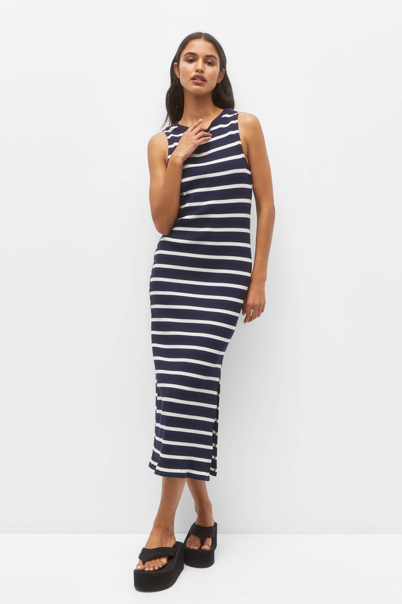 VESTIDO MIDI LISTRADO - AZUL MARINHO