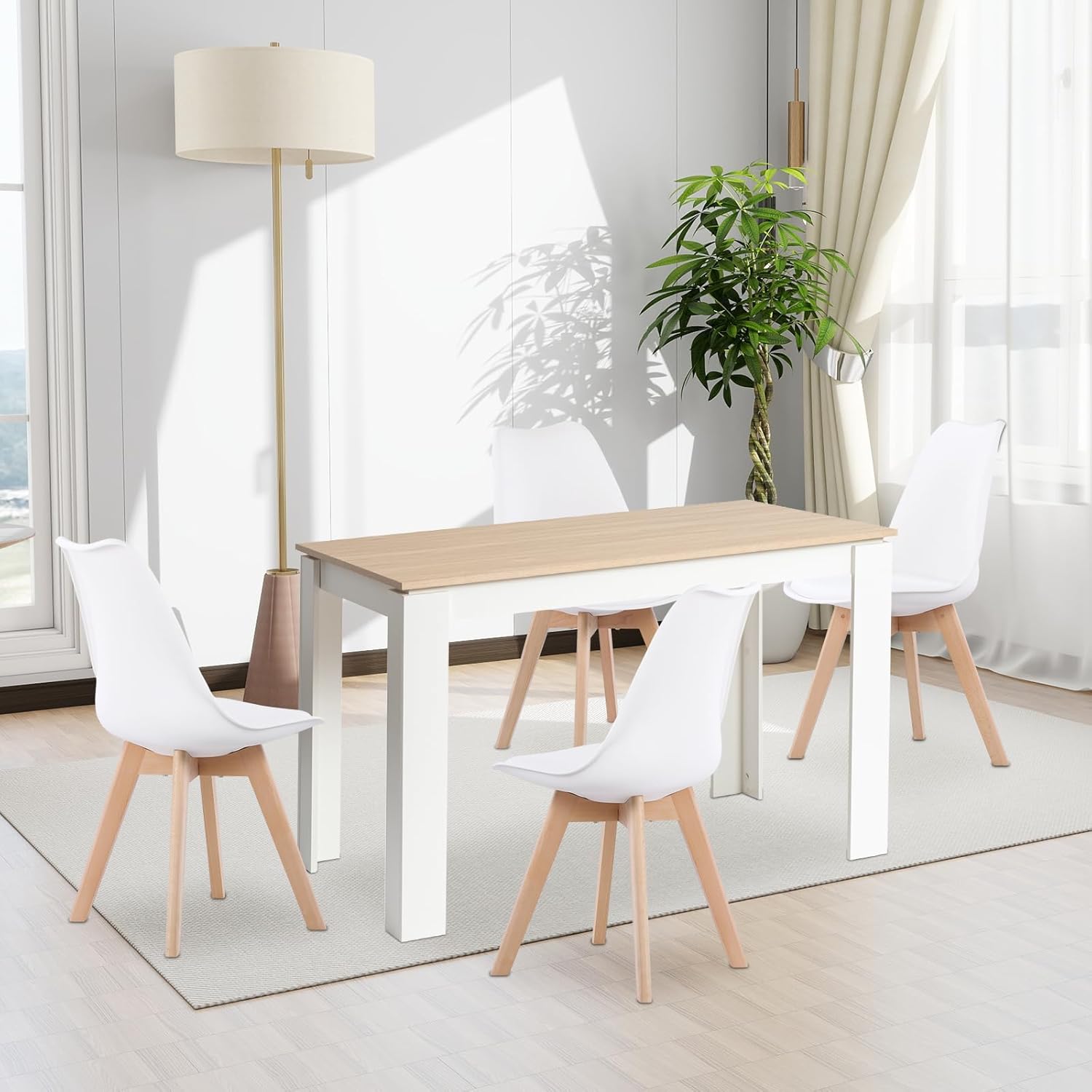 Esstisch mit 4 Stühlen Esszimmergruppe, 4er Set Esszimmerstühle und 120CM Rechteckig Holztisch Essgruppe für Wohnzimmer Küche Büro (Eiche-Weiß Tischbein Tisch+4 Weiß Stühle)