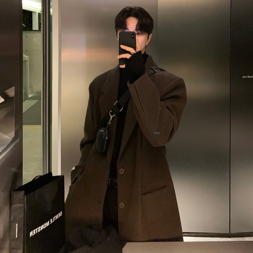 Omozando - Notch Lapel Plain Midi Single-Breasted Coat
