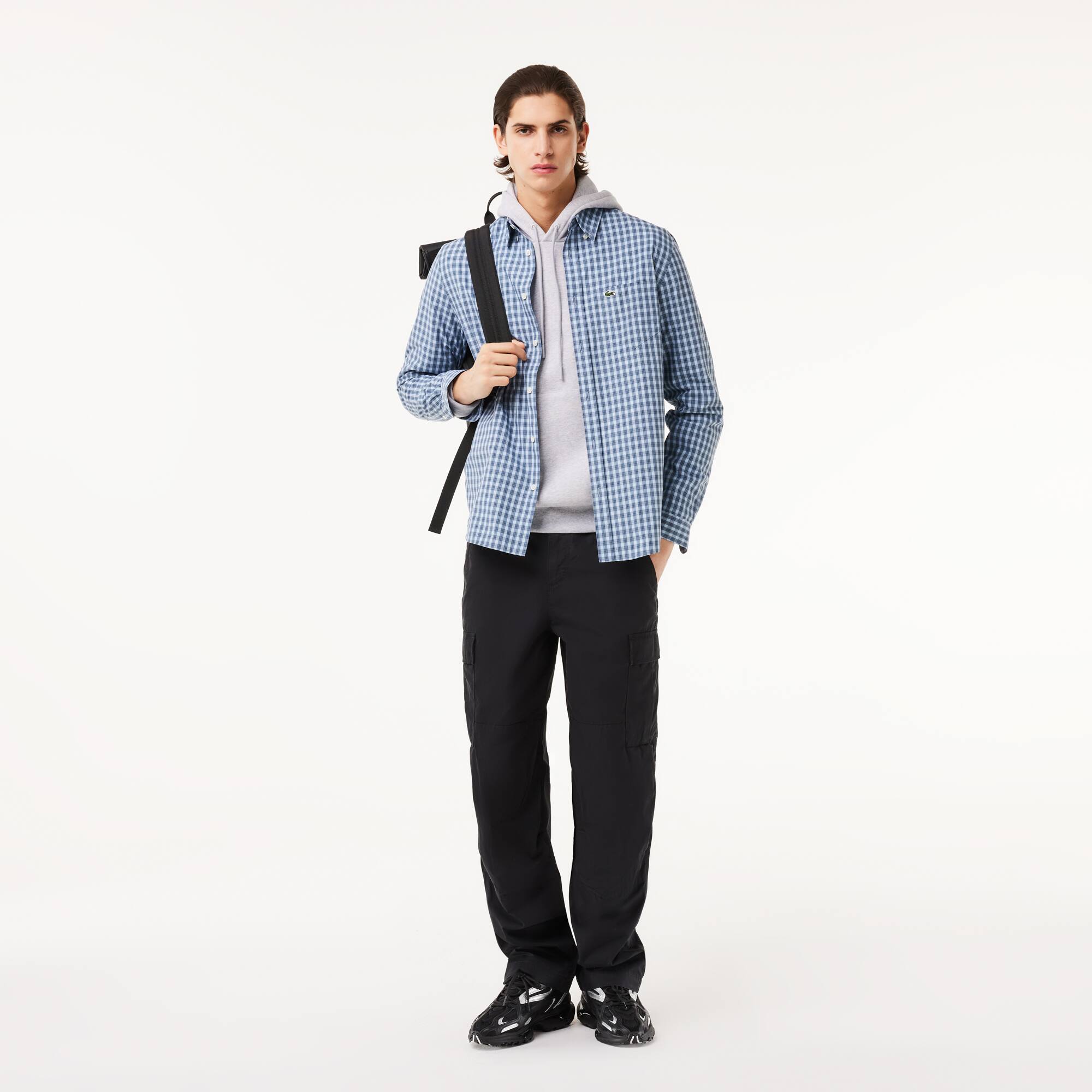 Chemise à carreaux en popeline Manches Longues - Bleu - Lacoste - Homme