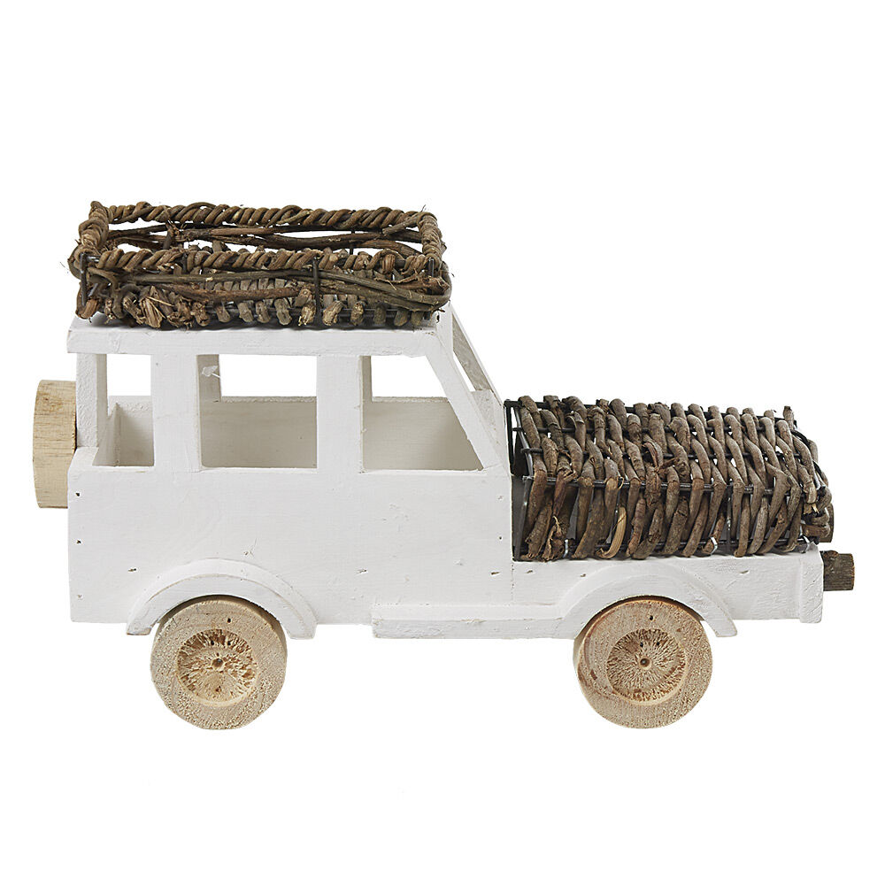 Voiture décorative à poser en bois et rotin naturel